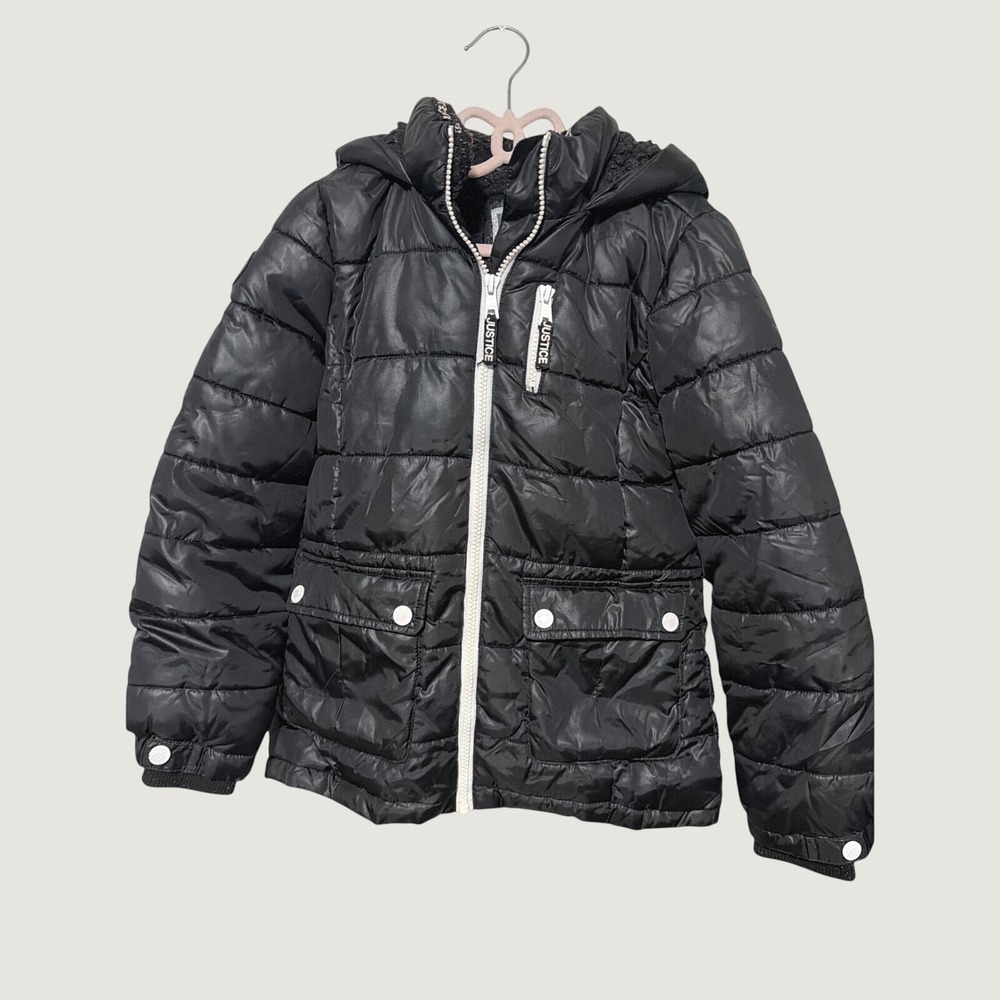 Justice Girls Black Puffer Jacket Hooded Quilted Winter Coat Size 6/7